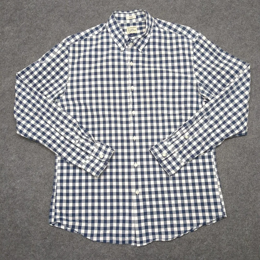J Crew Slim Fit Gingham Check Button Down Shirt Mens Large Blue White Cotton‎